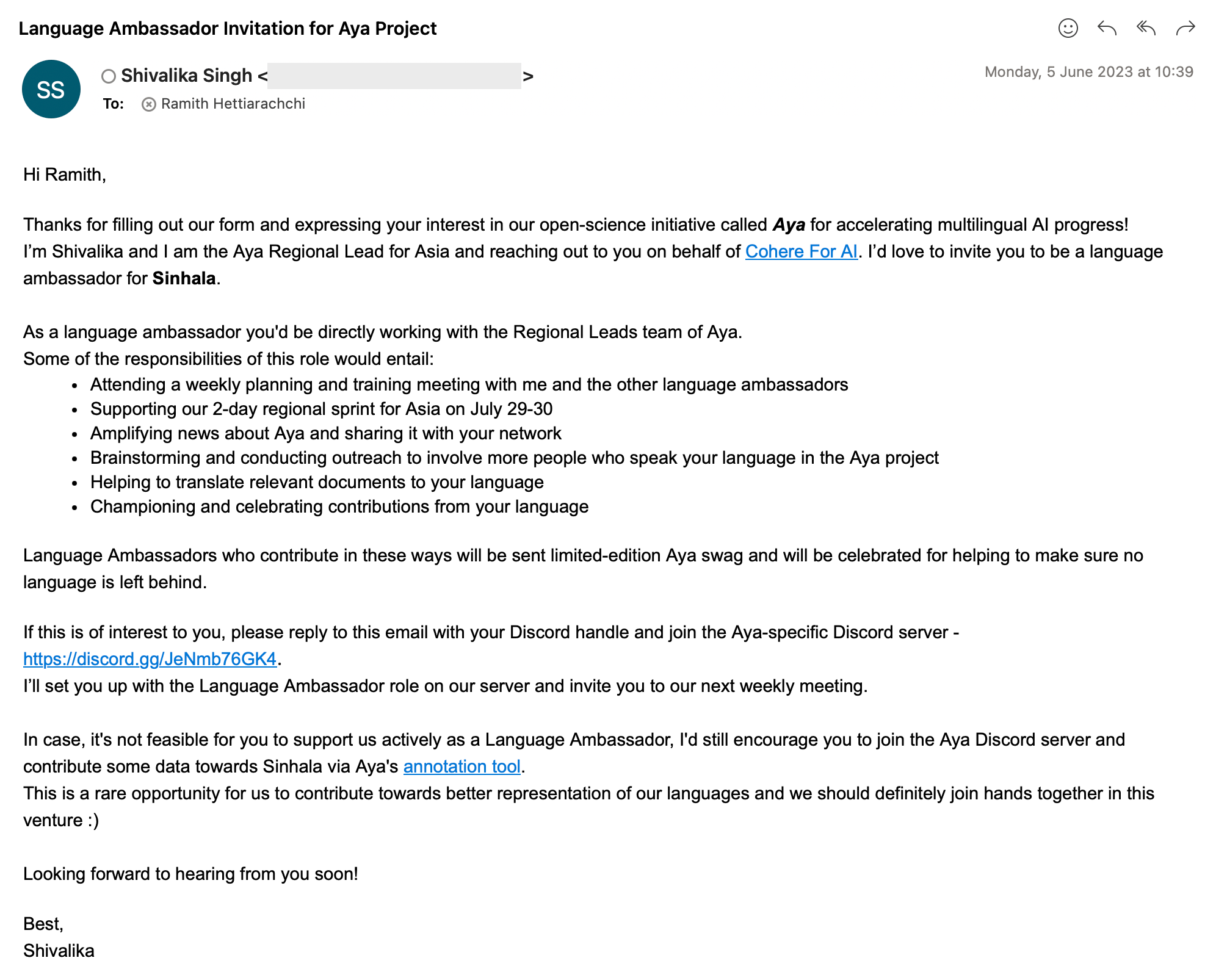 Email invitation to represent Sinhala in Project Aya
